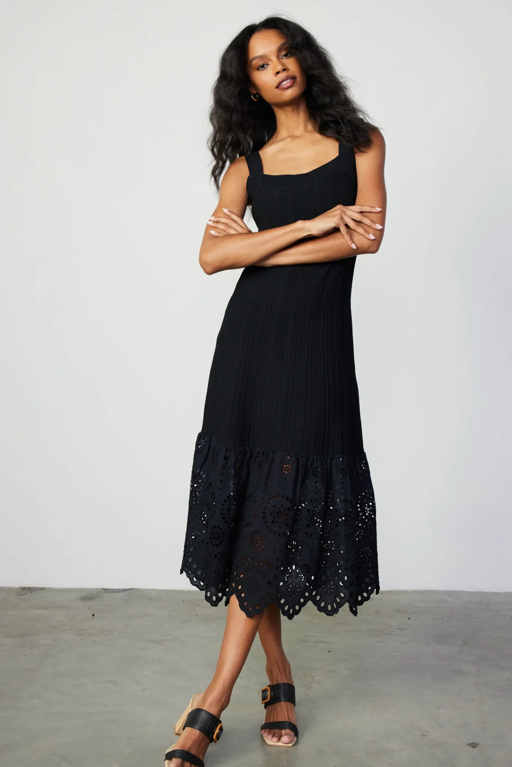 Current Air Knitwear | Midi Dresses-Contrast Lace Knit Dress BLACK