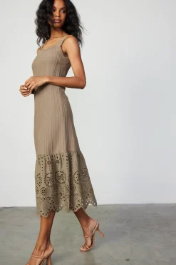 Current Air Knitwear | Midi Dresses-Contrast Lace Knit Dress LATTE