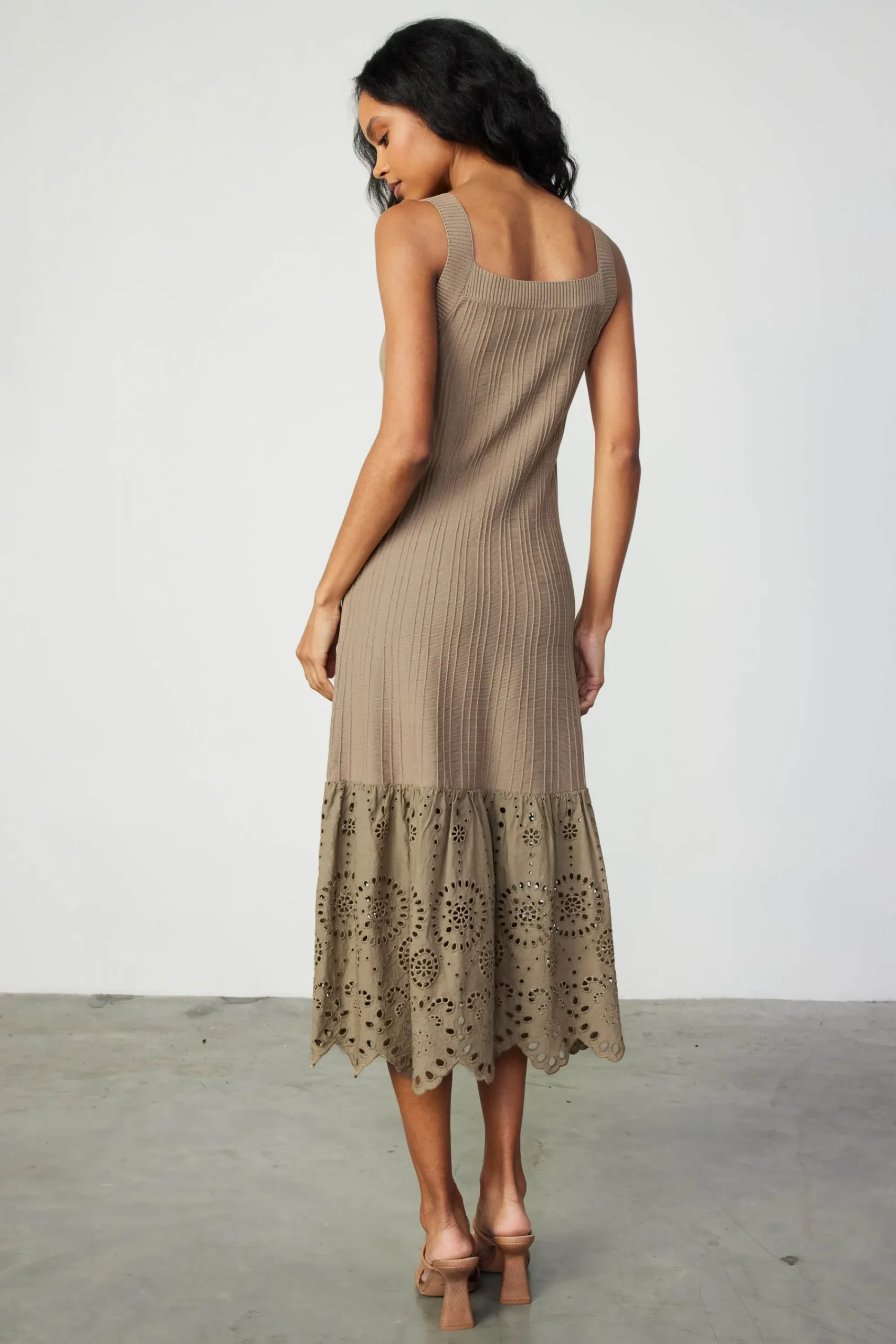 Current Air Knitwear | Midi Dresses-Contrast Lace Knit Dress LATTE