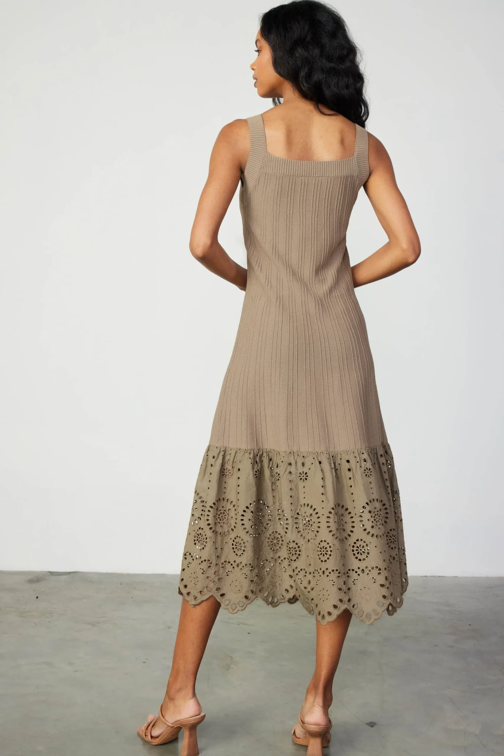 Current Air Knitwear | Midi Dresses-Contrast Lace Knit Dress LATTE