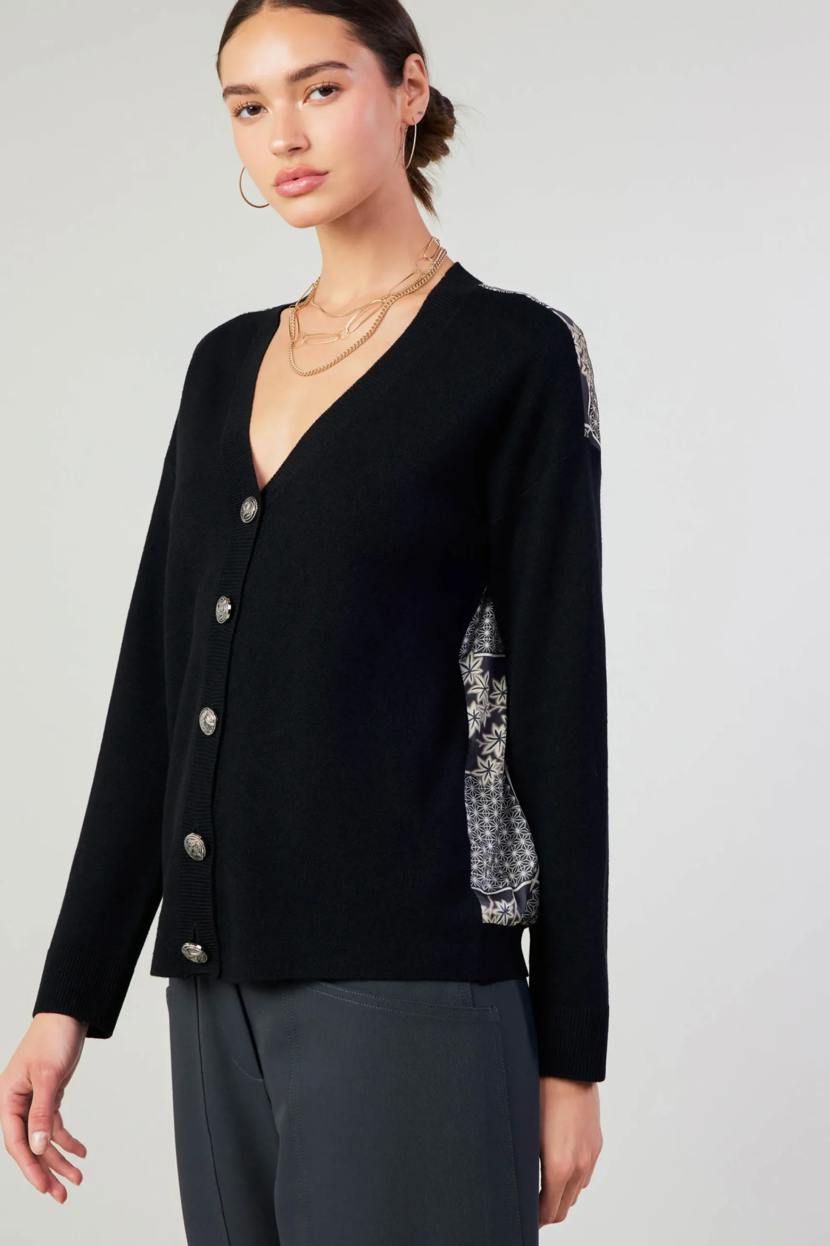 Current Air Cardigans | Sweaters-Contrast Paneled Cardigan BLACK