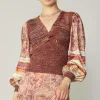 Current Air Sweaters-Contrast Sleeve Border Print Sweater BRICKSAGEMLT