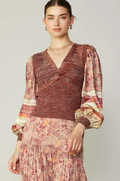 Current Air Sweaters-Contrast Sleeve Border Print Sweater BRICKSAGEMLT