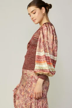 Current Air Sweaters-Contrast Sleeve Border Print Sweater BRICKSAGEMLT