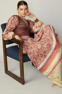 Current Air Sweaters-Contrast Sleeve Border Print Sweater BRICKSAGEMLT
