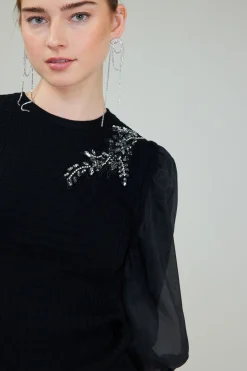 Current Air Knitwear | Short Sleeve Tops-Contrast Sleeve Knit Blouse BLACK