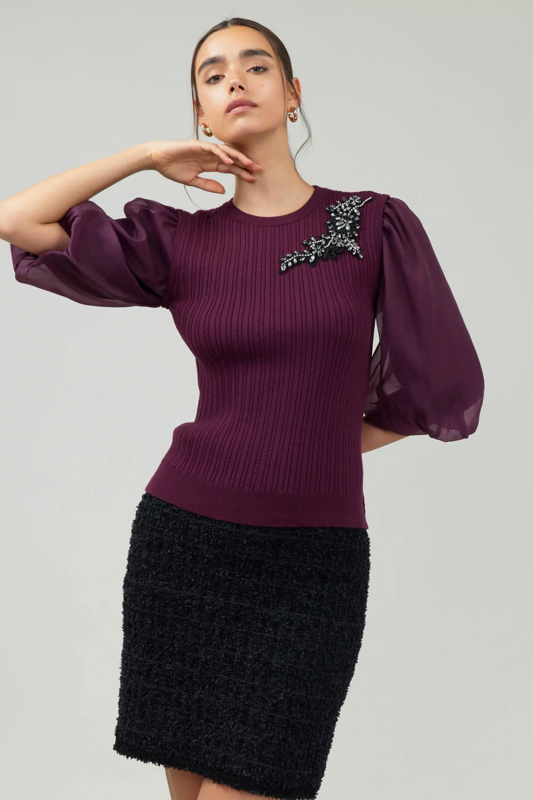 Current Air Knitwear | Short Sleeve Tops-Contrast Sleeve Knit Blouse BURGUNDY