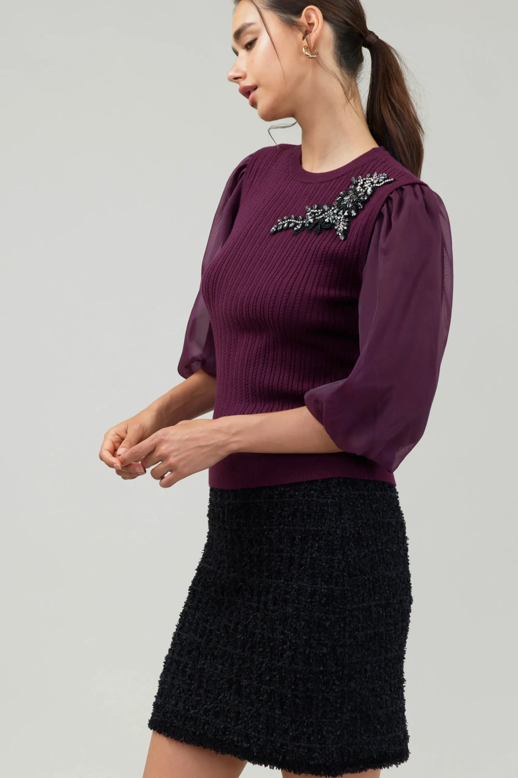 Current Air Knitwear | Short Sleeve Tops-Contrast Sleeve Knit Blouse BURGUNDY