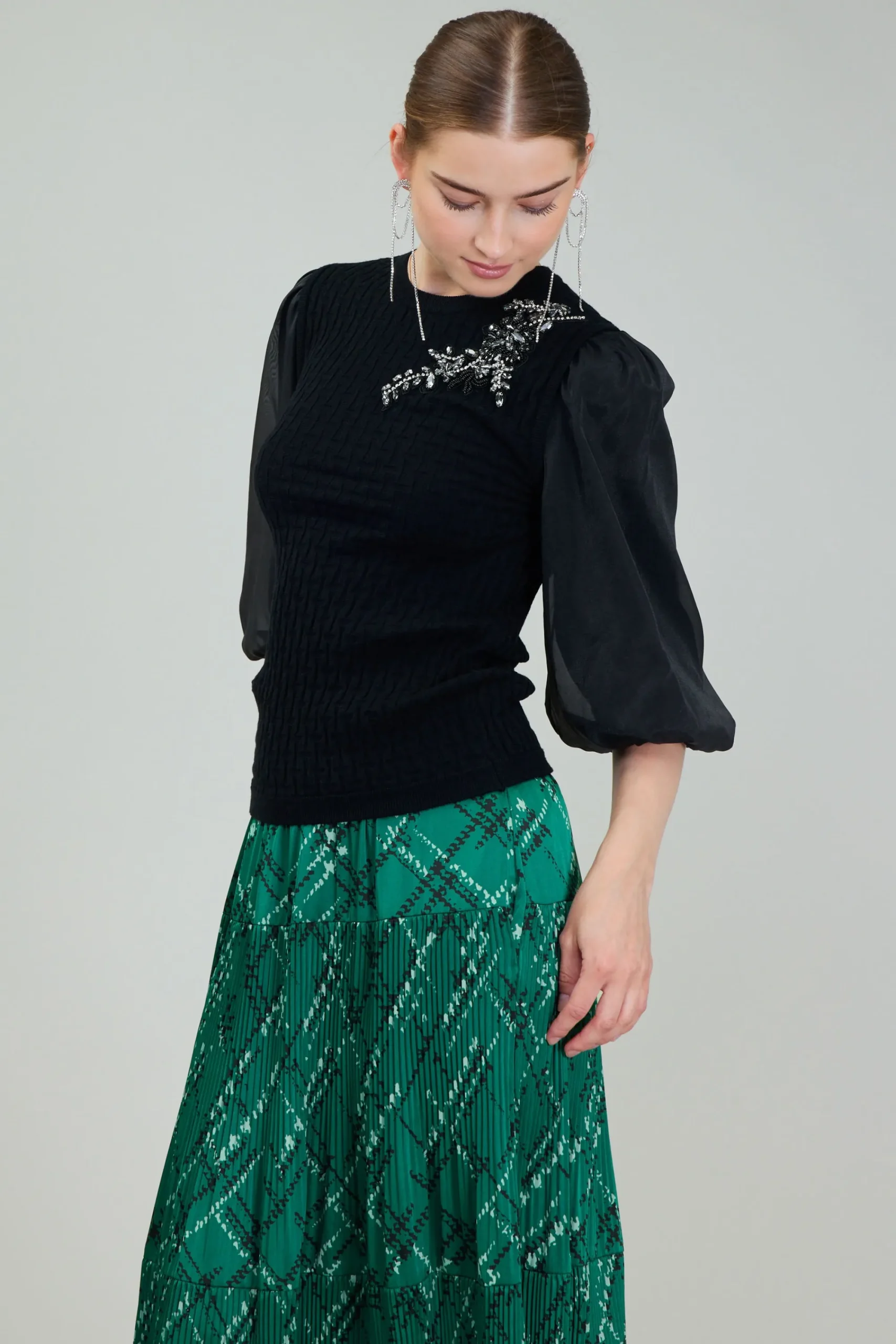 Current Air Knitwear | Short Sleeve Tops-Contrast Sleeve Knit Blouse BLACK