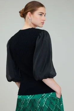 Current Air Knitwear | Short Sleeve Tops-Contrast Sleeve Knit Blouse BLACK