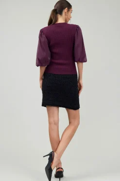 Current Air Knitwear | Short Sleeve Tops-Contrast Sleeve Knit Blouse BURGUNDY