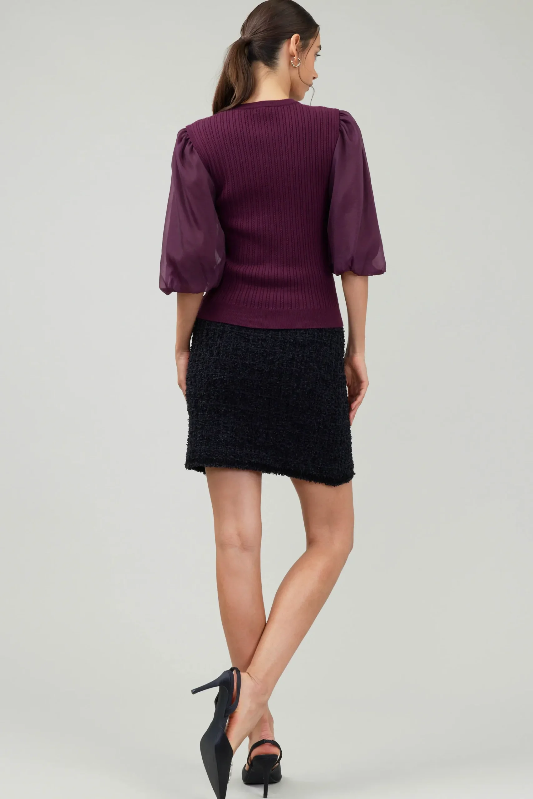 Current Air Knitwear | Short Sleeve Tops-Contrast Sleeve Knit Blouse BURGUNDY