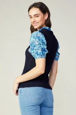 Current Air Knitwear | Sweaters-Contrast Sleeve Knit Top BLUEMLT