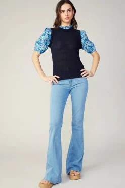 Current Air Knitwear | Sweaters-Contrast Sleeve Knit Top BLUEMLT