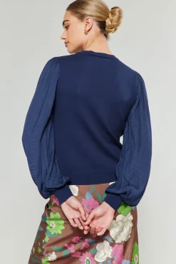 Current Air Knitwear | Sweaters-Contrast Sleeve Knit Top NAVY