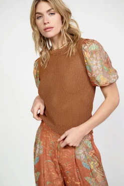 Current Air Short Sleeve Tops | Sweaters-Contrast Sleeve Retro Knit Top BROWN