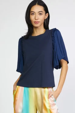 Current Air Short Sleeve Tops-Contrast Sleeve Shirt NAVY