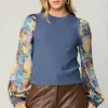 Current Air Sweaters-Contrast Sleeve Sweater Top AEGEANBLUE