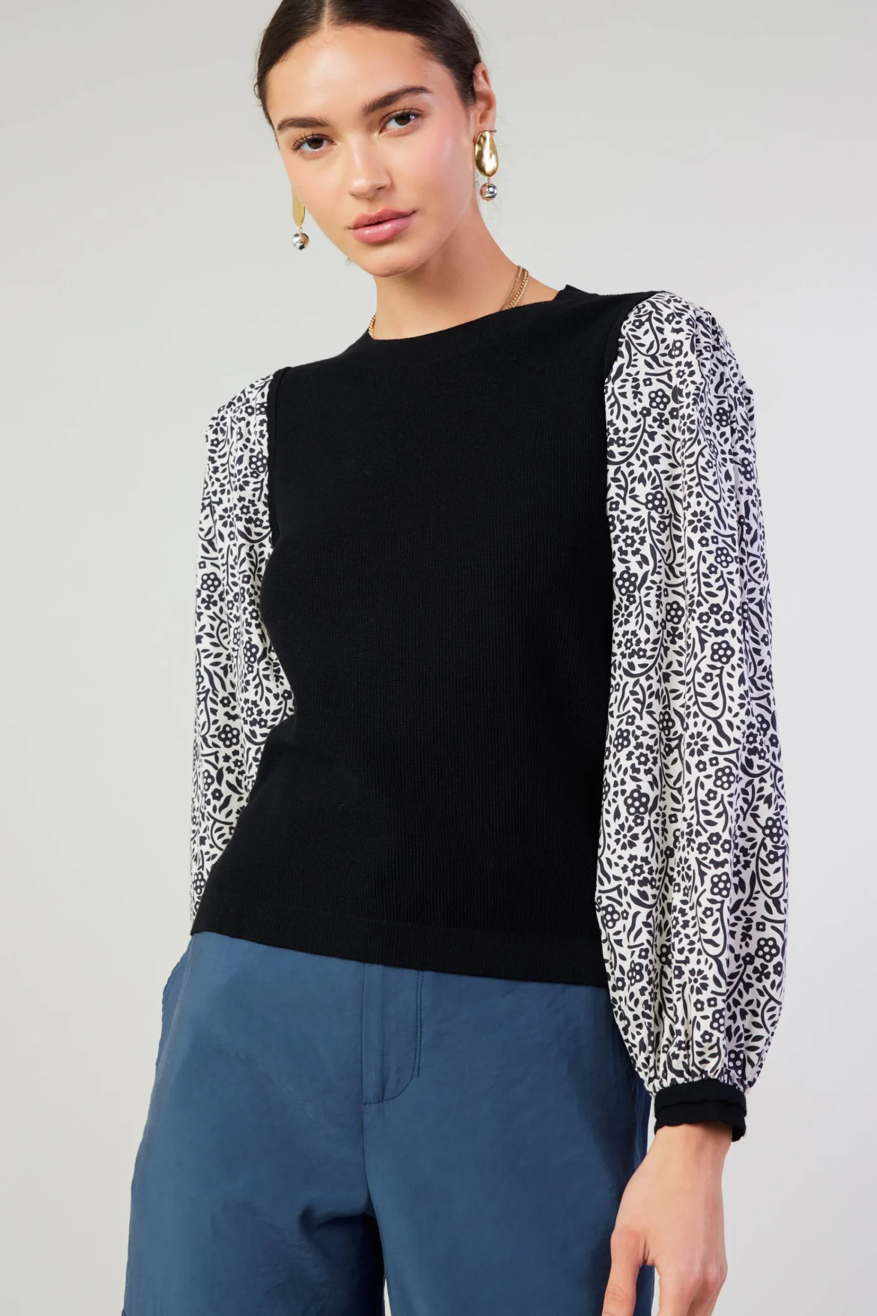 Current Air Knitwear | Sweaters-Contrast Sleeve Sweater Top BLACK