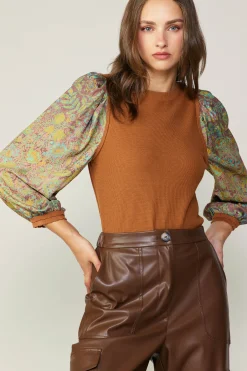 Current Air Sweaters-Contrast Sleeve Sweater Top CAMELGREEN