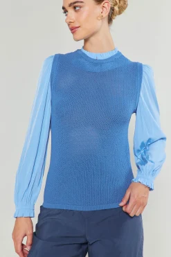 Current Air Knitwear | Long Sleeve Tops-Contrast Sleeve Sweater Top AEROBLUE