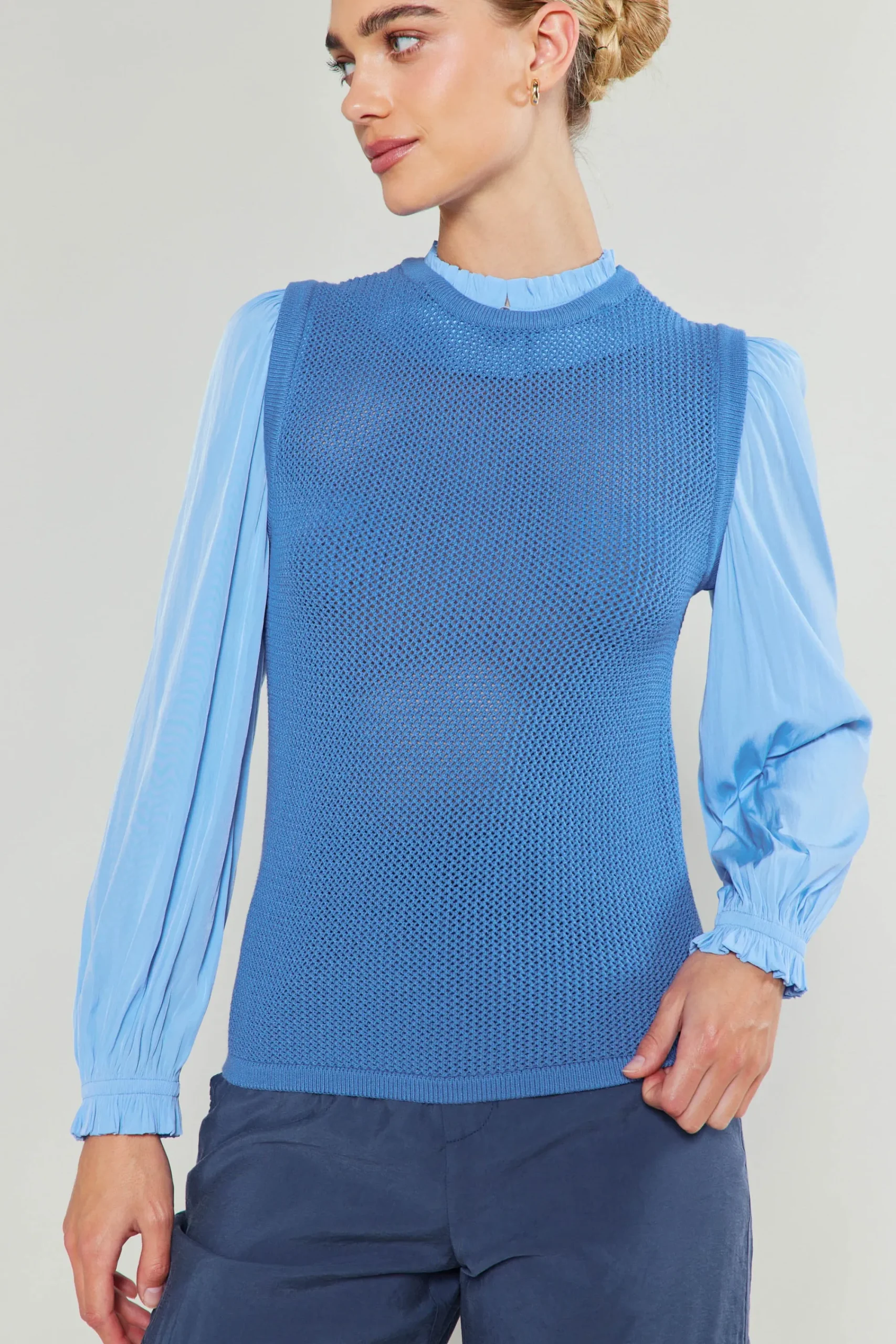 Current Air Knitwear | Long Sleeve Tops-Contrast Sleeve Sweater Top AEROBLUE