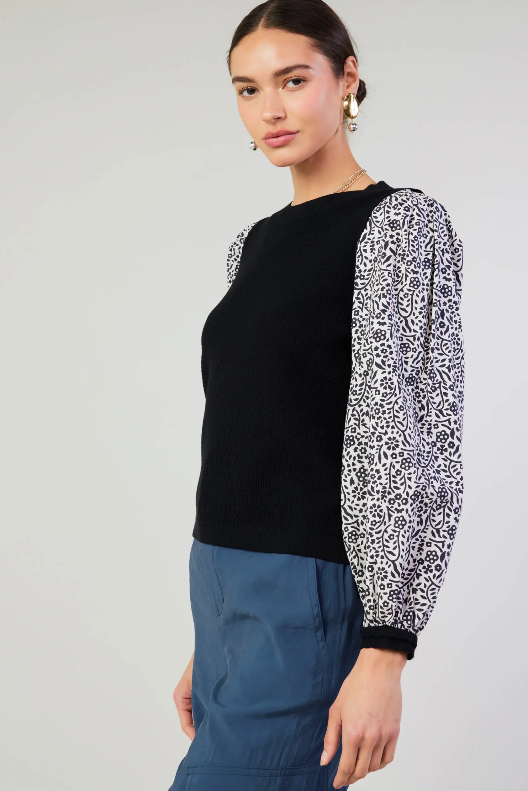 Current Air Knitwear | Sweaters-Contrast Sleeve Sweater Top BLACK