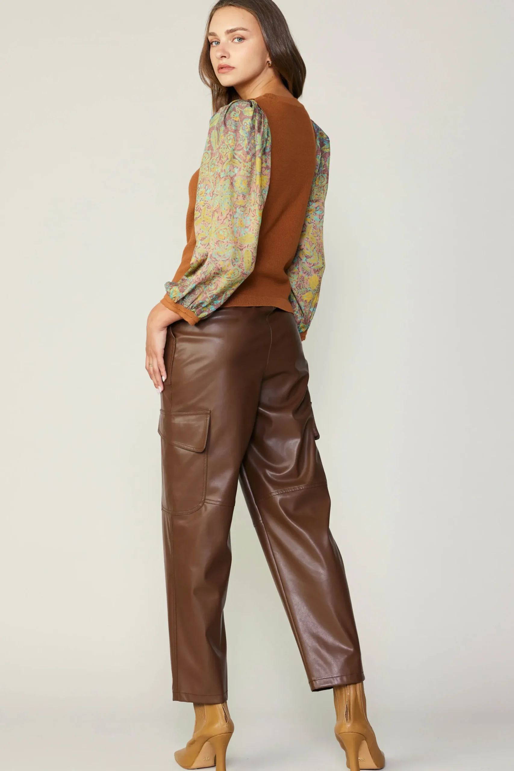 Current Air Sweaters-Contrast Sleeve Sweater Top CAMELGREEN