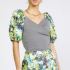 Current Air Short Sleeve Tops-Contrast Sleeve Sweetheart Top GREY