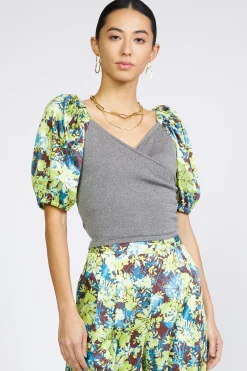 Current Air Short Sleeve Tops-Contrast Sleeve Sweetheart Top GREY