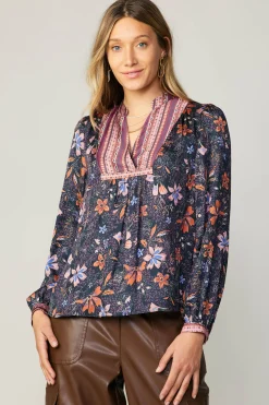 Current Air Long Sleeve Tops-Contrast Stripe Floral Blouse MULTI