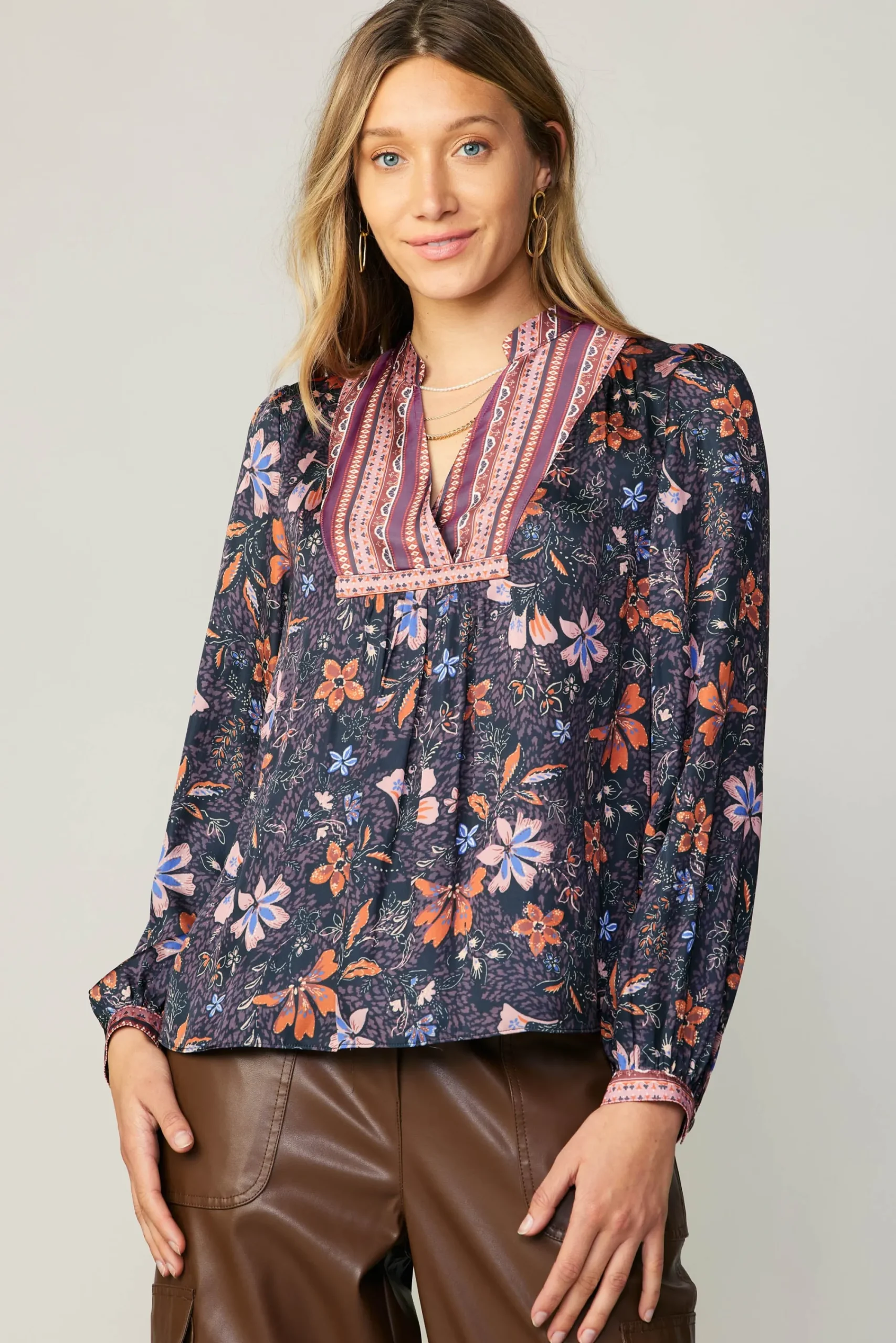 Current Air Long Sleeve Tops-Contrast Stripe Floral Blouse MULTI