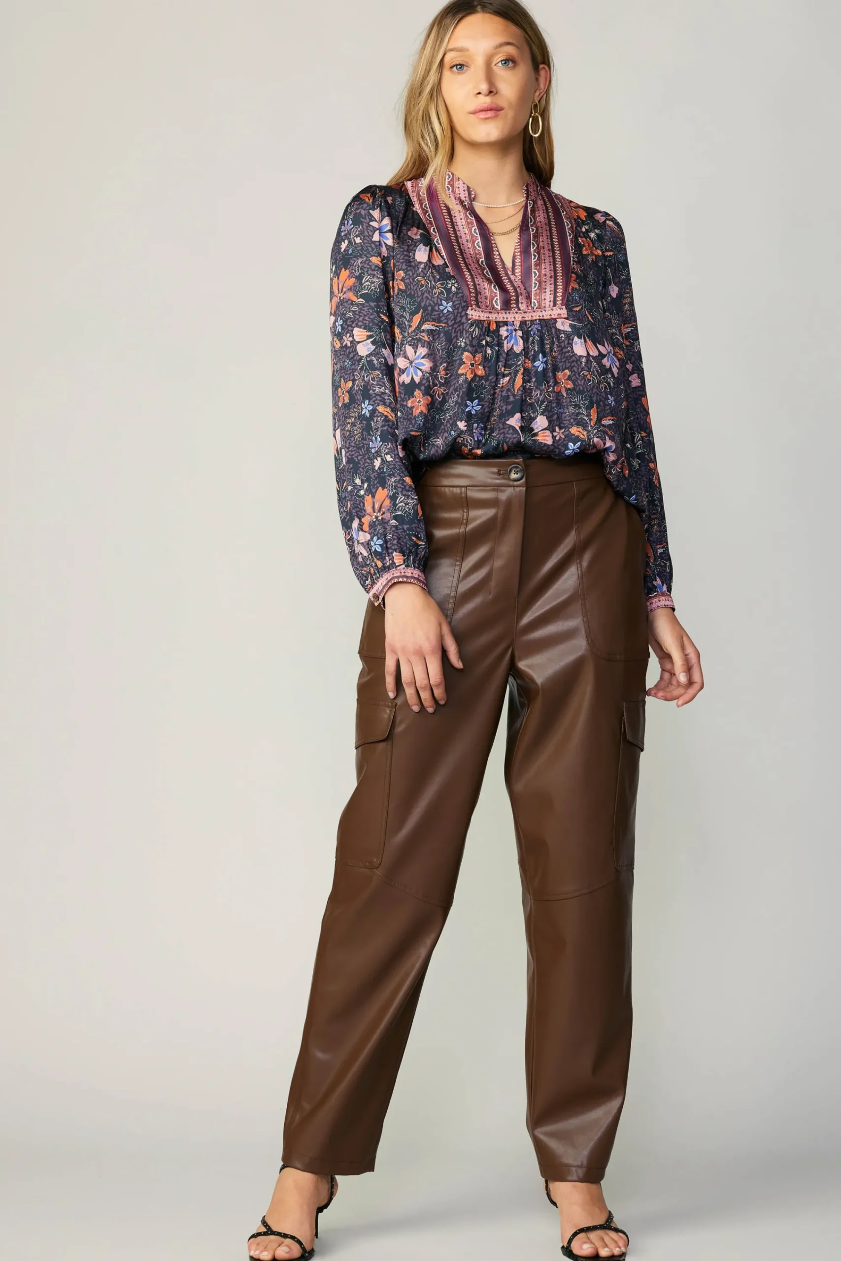 Current Air Long Sleeve Tops-Contrast Stripe Floral Blouse MULTI