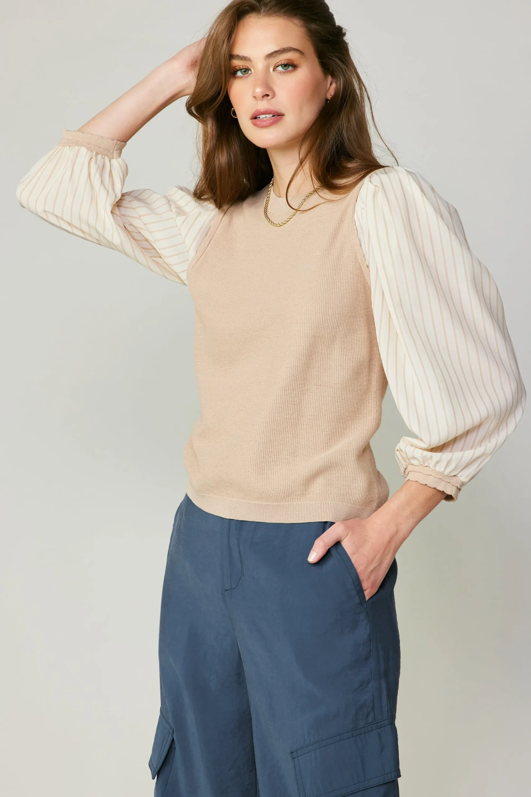 Current Air Long Sleeve Tops | Sweaters-Contrast Sweater Top LIGHTTAUPE