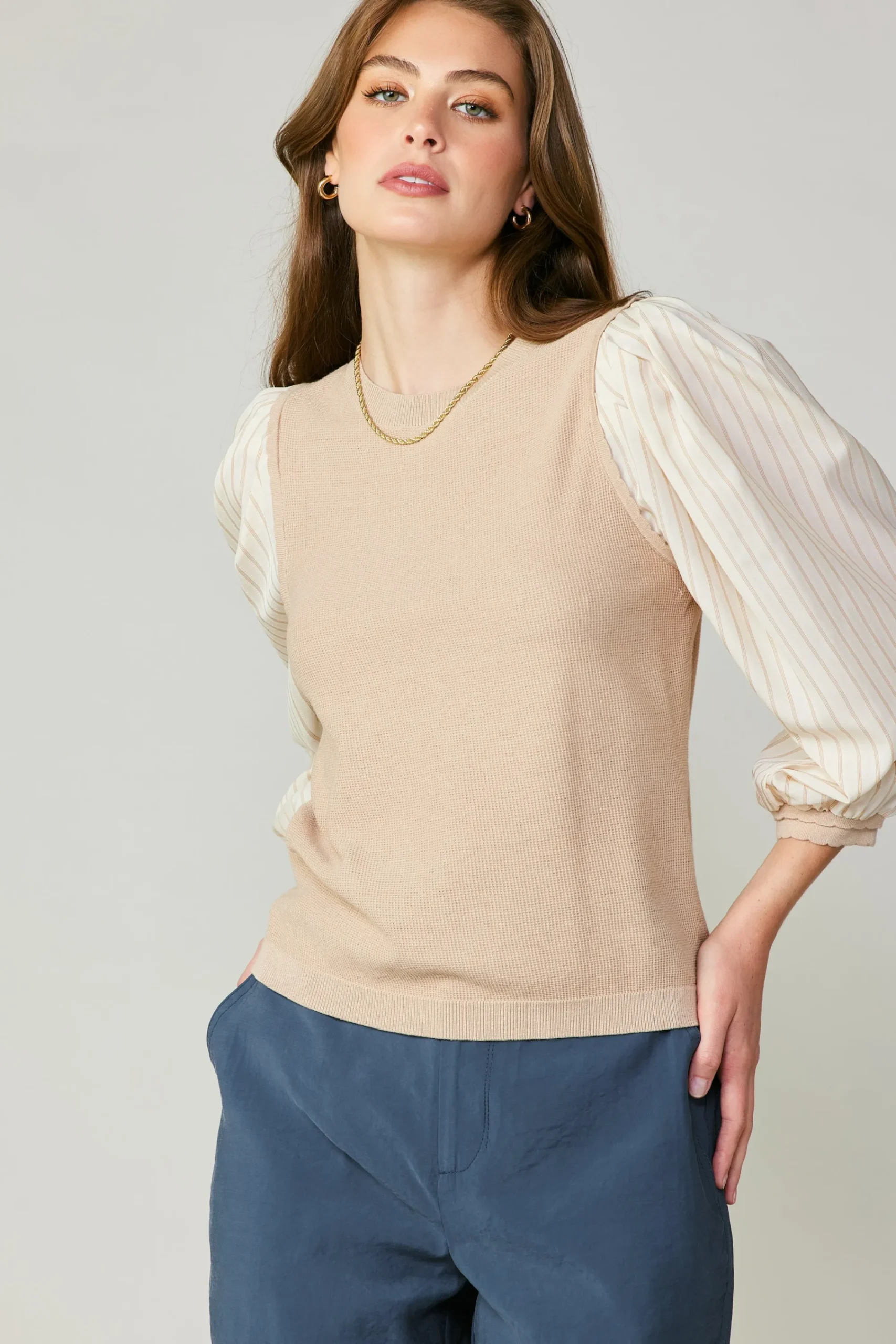 Current Air Long Sleeve Tops | Sweaters-Contrast Sweater Top LIGHTTAUPE