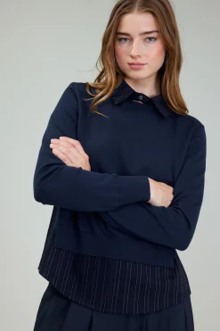 Current Air Knitwear | Long Sleeve Tops-Corduroy Knit & Woven Top NAVY
