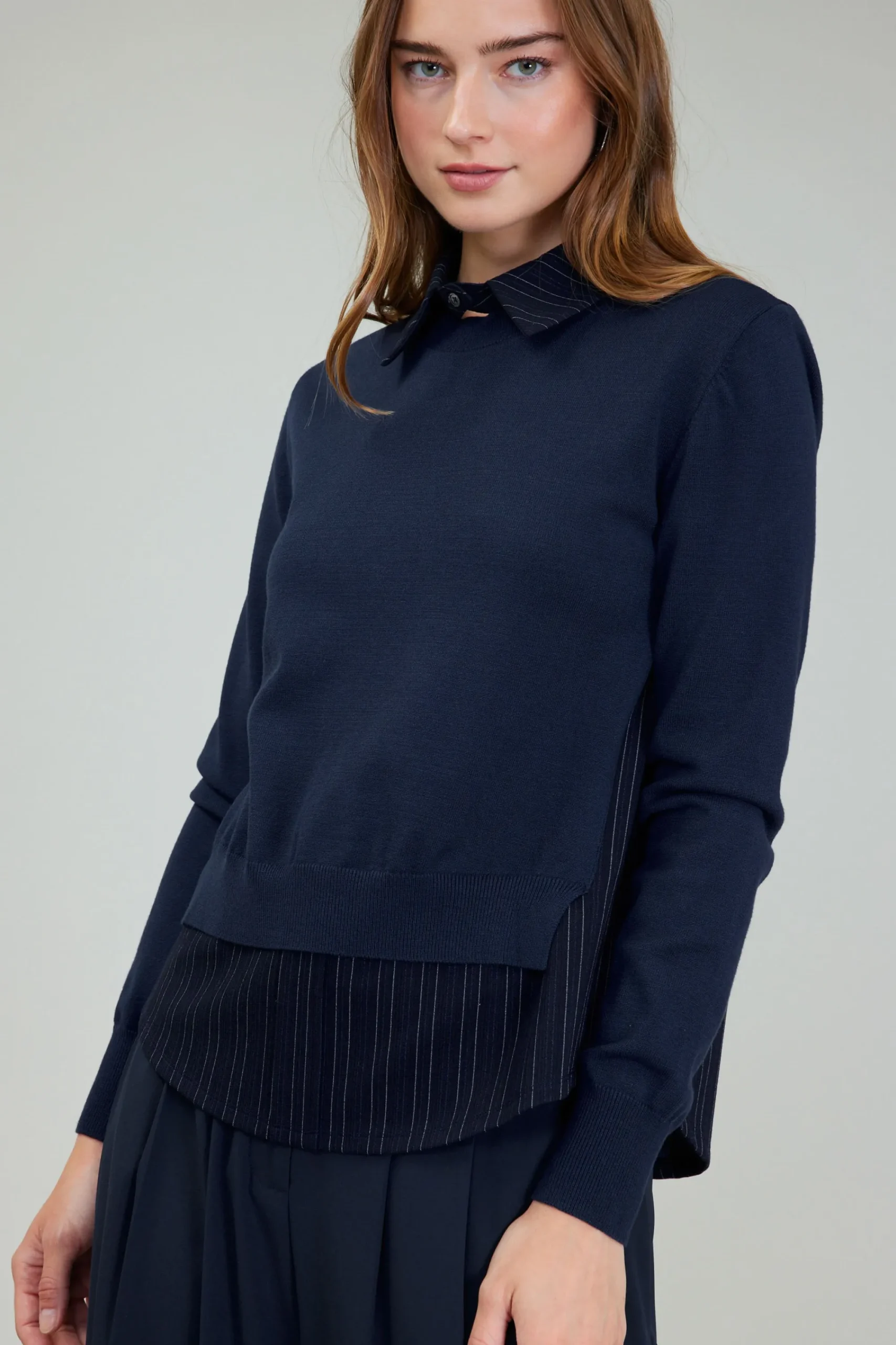 Current Air Knitwear | Long Sleeve Tops-Corduroy Knit & Woven Top NAVY