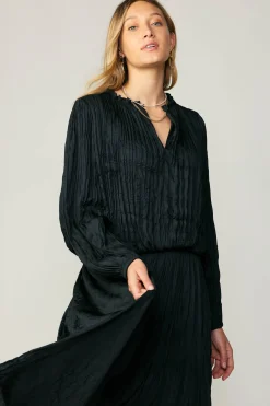 Current Air Long Sleeve Tops-Crinkle Plisse Blouse BLACK