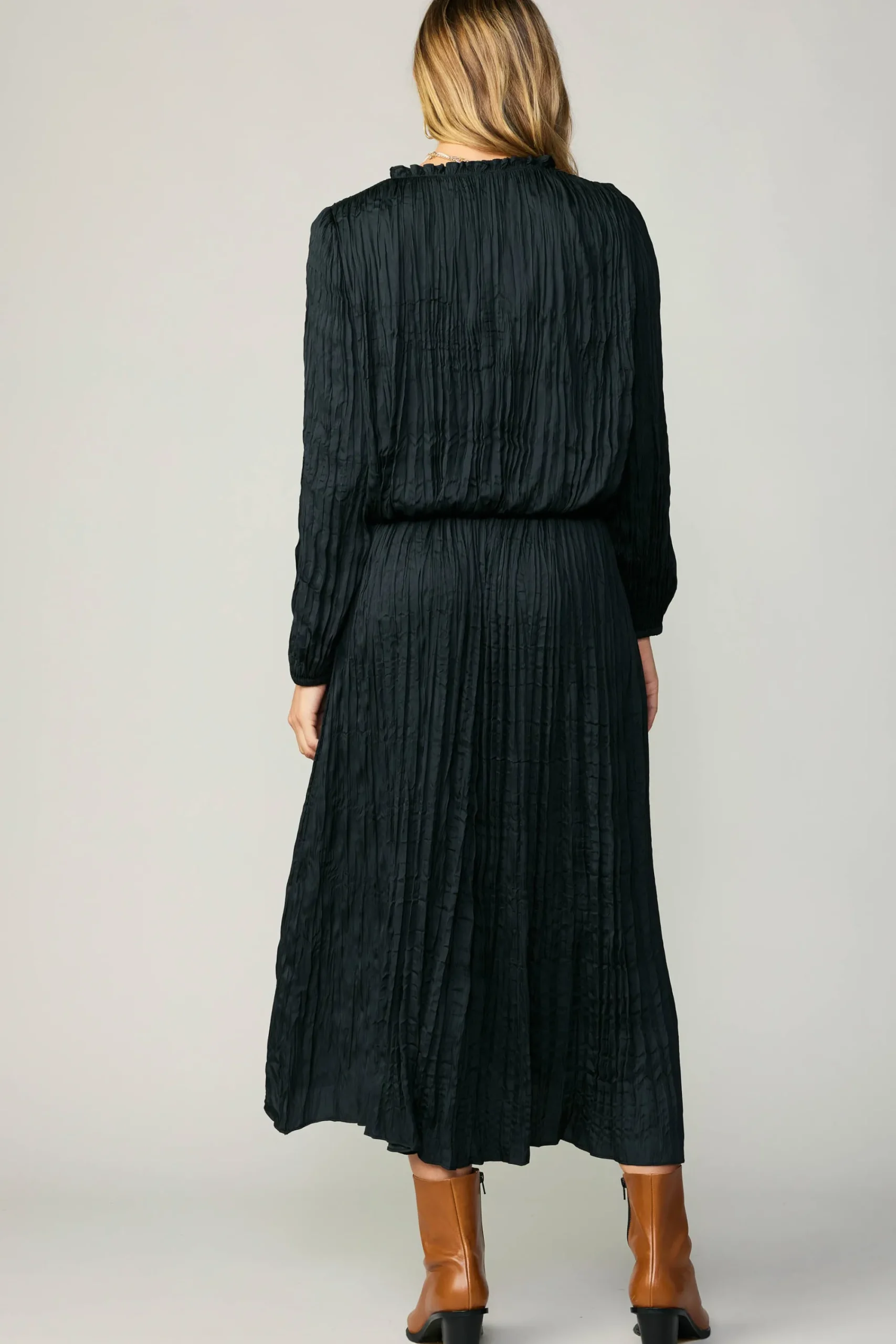 Current Air Long Sleeve Tops-Crinkle Plisse Blouse BLACK