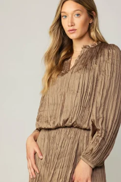 Current Air Long Sleeve Tops-Crinkle Plisse Blouse LATTE