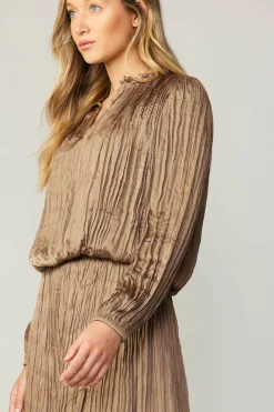 Current Air Long Sleeve Tops-Crinkle Plisse Blouse LATTE