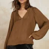 Current Air Long Sleeve Tops-Crinkle Texture Blouse BROWN