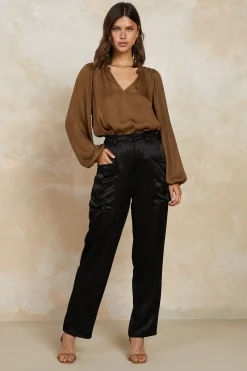 Current Air Long Sleeve Tops-Crinkle Texture Blouse BROWN