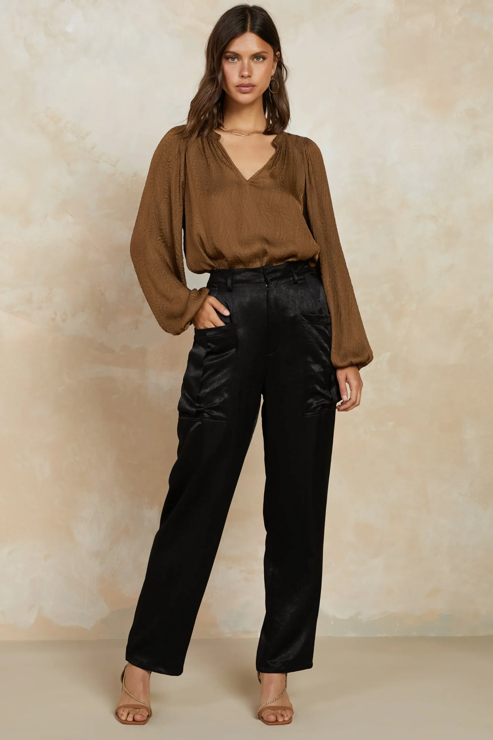 Current Air Long Sleeve Tops-Crinkle Texture Blouse BROWN