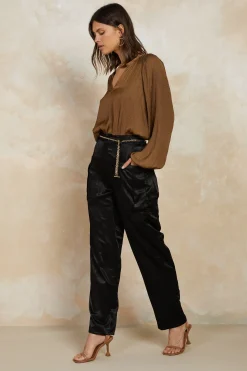 Current Air Long Sleeve Tops-Crinkle Texture Blouse BROWN