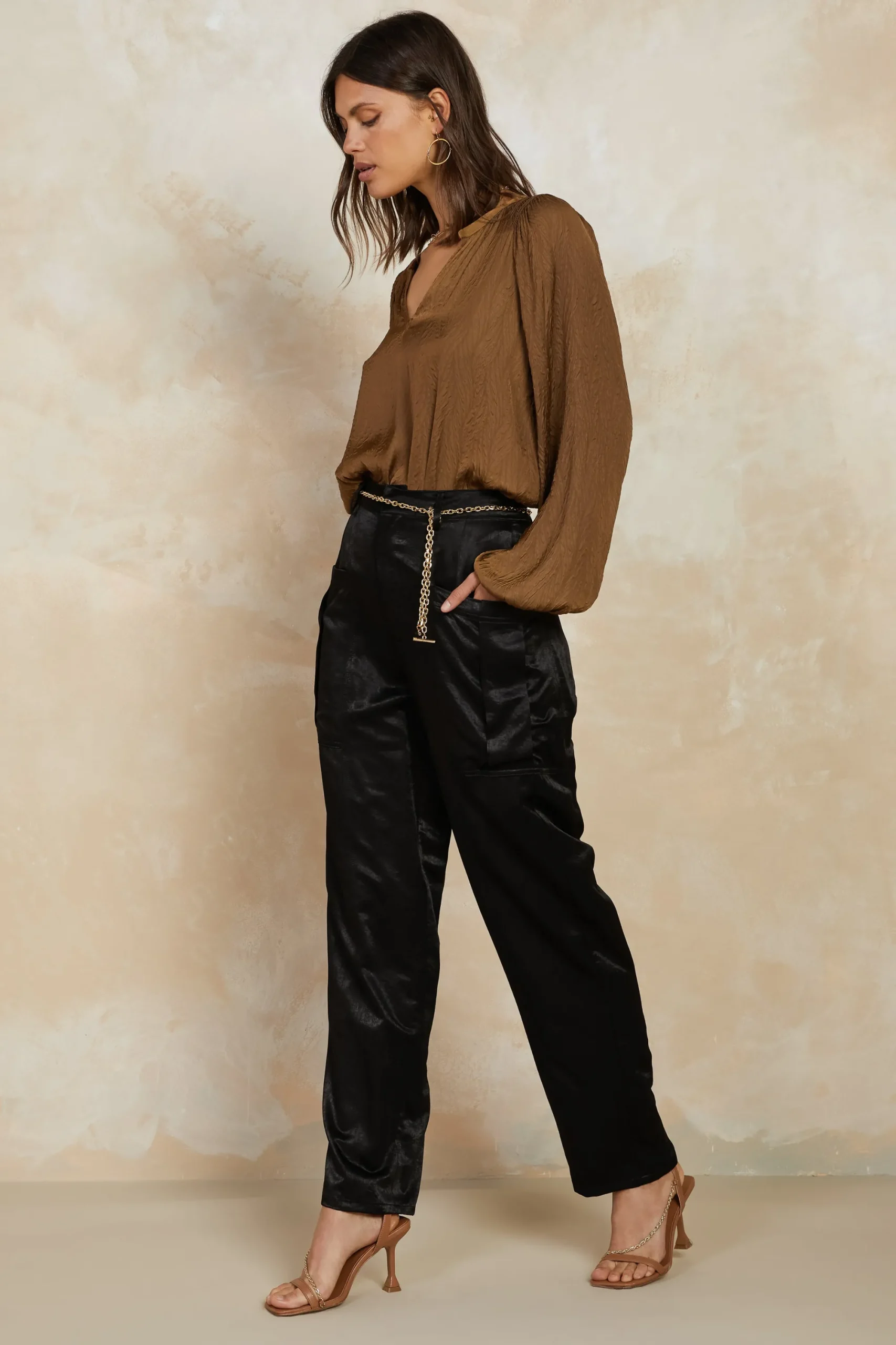 Current Air Long Sleeve Tops-Crinkle Texture Blouse BROWN