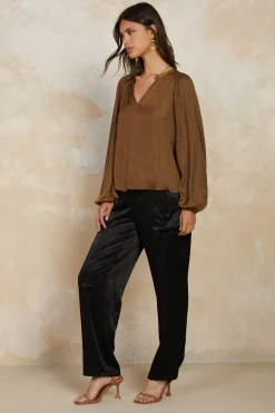 Current Air Long Sleeve Tops-Crinkle Texture Blouse BROWN