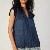 Current Air Sleeveless Tops-Crinkled Flutter Sleeve Top SLATENAVY