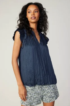 Current Air Sleeveless Tops-Crinkled Flutter Sleeve Top SLATENAVY