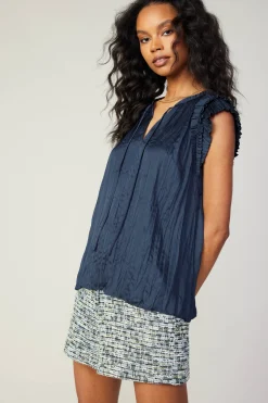 Current Air Sleeveless Tops-Crinkled Flutter Sleeve Top SLATENAVY